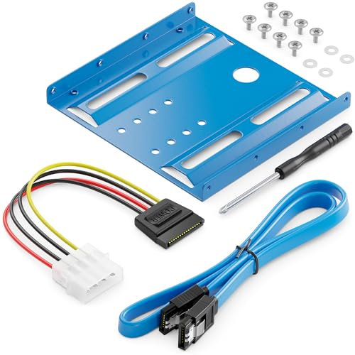 deleyCON Cadre de Montage pour Disques Durs 2,5 SSD's sur 3,5 Adaptateur Cadre Amovible Cadre de Montage Support Rails avec Vis Adaptateur d'alimentation Câble SATA & Tournevis - Bleu