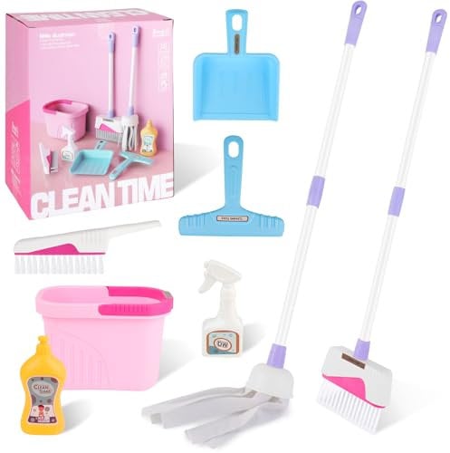 deAO Kids Cleaning Pretend Play Set - 8 PCS Housekeeping Toys for Toddlers - Includes Broom, Dustpan, Mop, Brush, Bucket - Play Housekeeping Toys for Girls (Pink)