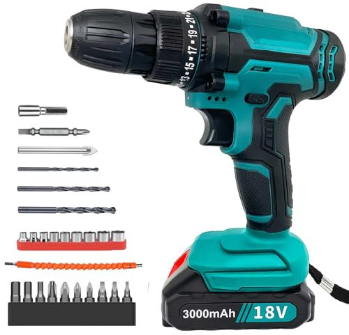 18V Akku Bohrschrauber Set, Ersatz für Makita 18V BL1850, mit 26tlg Zubehör, 1x 3.0Ah Akku und Ladegerät, 25+1 Drehmomenteinstellung, 2-Gang, LED-Licht, Für Reparatur DIY