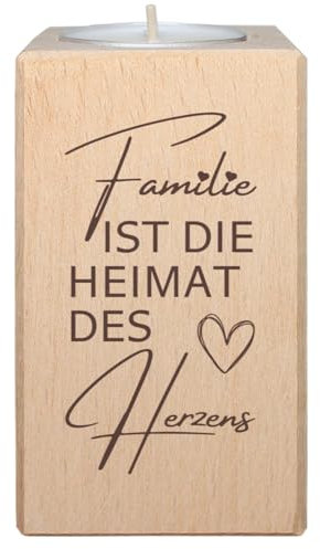 Teelichthalter mit Spruch Familie ist die Heimat des Herzens - Sprüche Geschenk aus Holz, Kerzenständer für Eltern, Verwandte, Kinder, stilvolle Deko für Zuhause von Geschenkissimo