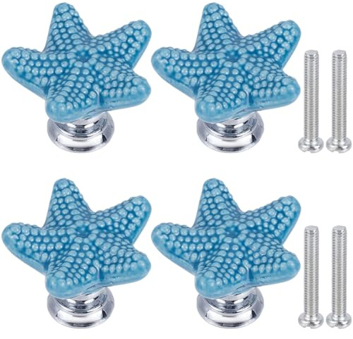 GORGECRAFT 4Pcs Seestern Keramik Schrankknöpfe Mit Meerestieren Motiv Ozean Cartoon Stil Blau Handgefertigt Kommodenknauf Schubladengriffe Mit Zinklegierung Eisenschraube Für Schrank Küche Zuhause