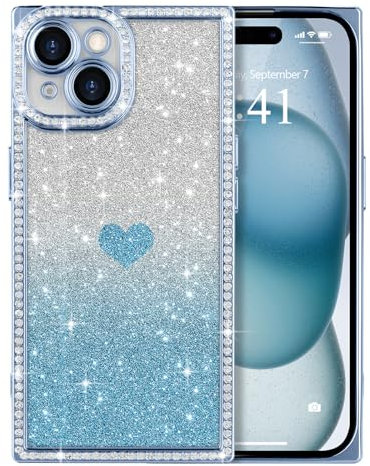 ROSEHUI for iPhone 15 Case for Women Girls,Cute Love Heart Pattern, Electroplated Luxury Glitter Bling Diamond Clear Rectangle Case,Full Camera Protective Shockproof Soft TPU Cover-Blue