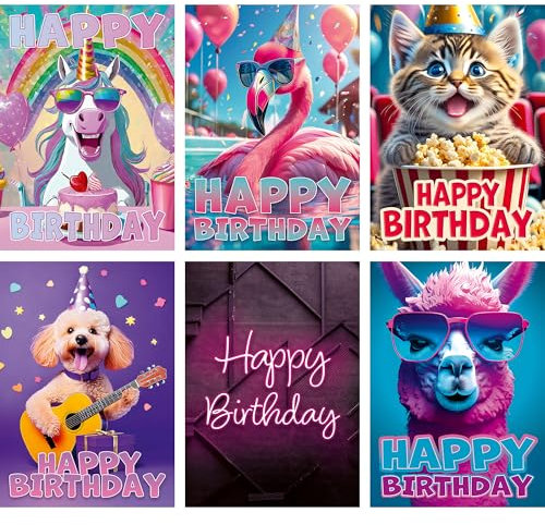 Moosthaler Happy Birthday Geburtstagskarten - 12x Lustige Geburtstagskarte - Glückwunschkarten zum Geburtstag für Mädchen mit Lama, Flamingo, Hund, Katze und Einhorn Design