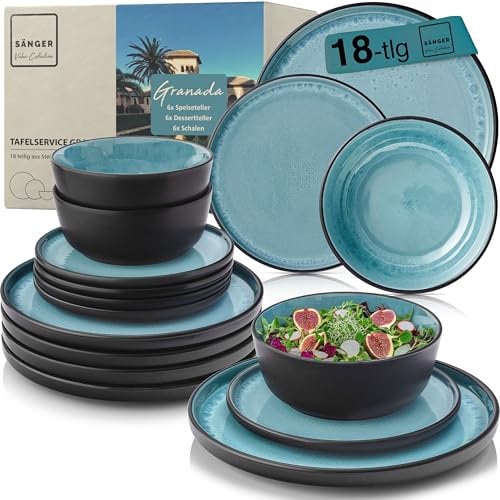 SÄNGER Granada | Steingut Geschirr Set 18 tlg, Teller Set 6 Personen, Geschirrset 6x Speiseteller 6x Müslischalen 6x Dessertteller, Tafelservice blau mit schwarzem Rand kratzfest | VALUE COLLECTION
