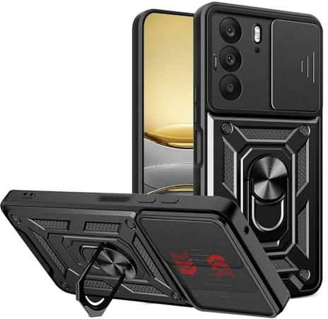 EASSGU Armor Funda para Realme 14X 5G (6.67 Inches), Carcasa Rígida para Teléfono Móvil con Soporte de Anillo de Silicona para PC con Base Magnética - Negro