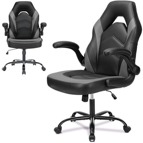Refined Living Ergonomischer Gaming Stuhl mit klappbaren Armlehnen, höhenverstellbar (107-116 cm), 360° drehbar, PU-Leder, leise Rollen, Klappbare Armlehnen, Bürostuhl für Gaming & Home Office, Grau