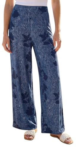 Roman Wide Leg Trousers for Women UK Ladies Palazzo Pants Evening Jersey Elasticated High Waist Smart Flared Culotte Office Work Going Out Loose Crepe Bottoms - Floral Blue - Size 14