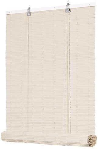 Grandekor PE Outdoor Rollo Wetterfest Bambus Look für Fenster Tür,B60 x H160 cm Milchweiß,Imitation Bambusrollo Sonnenschutz, Blickdicht UV-Schutz für Innen-& Aussenbereich, Einfache Montage