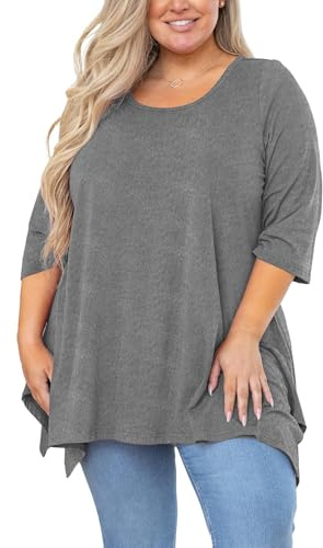 AusLook Plus Size 3/4 Sleeve Side Split Babydoll Flowy Tunic Blouse | Plus Size Tunic Tops, 3/4 Sleeve Crewneck Blouses, Flowy Babydoll Shirts, Soft Loose Fit, Spring Fall Daily Outfits