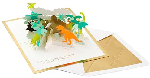 Hallmark 3D & Pop Up Birthday Card, Dinosaur Design, Kids, Green, Blue | Gold Foil Details, Laser-cut, Measures 8.5x23.8x17.3cm, Recyclable, White Signature Envelope Gold Foil Lined
