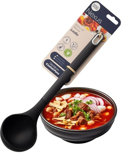 Nexus, mestolo in silicone, resistente al calore, antiaderente, per cucinare, servire, mescolare, versare, ideale per zuppe, sugo, salse, pastella per pancake, colore: nero satinato