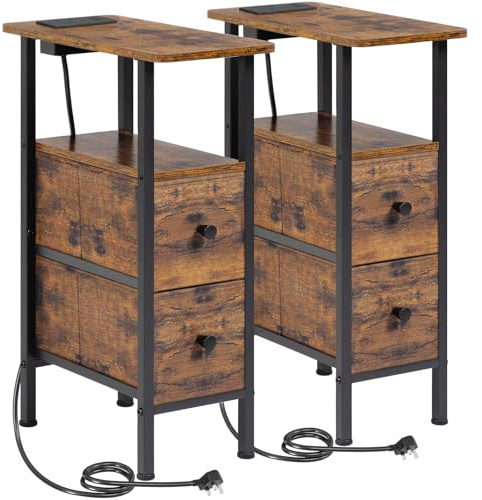 LOAKEKEL Slim Bedside Table Set of 2, Narrow Side Table with Charging Station, Sofa Table with 2 Fabric Drawers and Open Storage Shelf, Nightstand for Small Spaces, Living Room, Brown UHETNDP02PBR
