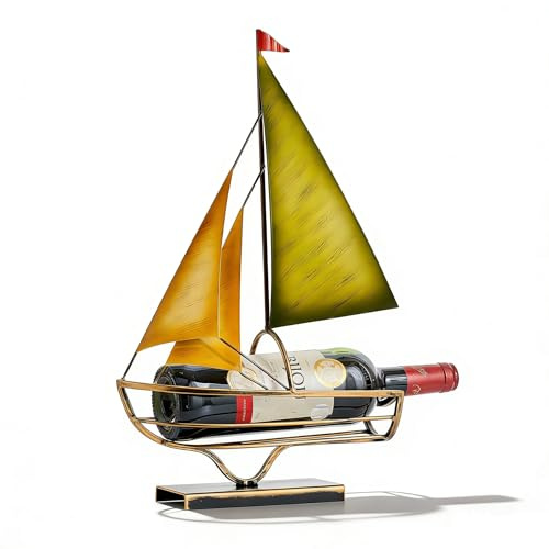 FJ Metal Sailboat Wine Rack for Countertop – Decorative Wine Bottle Holder for Kitchen Bar Dining Table, Boat Sculpture Wine Stand Nautical Home Decor (Gold and Green)