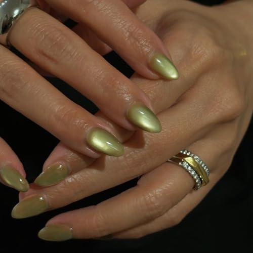 SXVME Press On Nails Short Almond - Light Green False Nails Short Stiletto, Glitter Cat Eye Fake Nails Set, Reusable Cute Bright Gel Glue On Nails with Color-Shifting Glow, Matcha, 30 Pcs