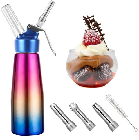 AGTEHBZ 500 ml Sahnespender aus Edelstahl, professioneller Sahnesiphon mit Aluminiumgehäuse, 3 Edelstahldüsen und 1 Reinigungsbürste, Farbverläufe