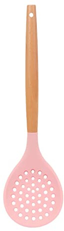 Silicone Skimmer Spoon, Slotted Spoon Slots for Draining and Straining Food | with Heat-Resisting Comfortable Wooden Handle, Durable Draining Spoon for Kitchen Cooking, Vegetables,12.6 Inch, Pink
