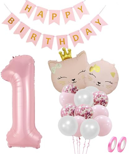 Luftballon Katze 1. Geburtstag Rosa Set, Rosa Katzen-Ballon, Katzen Ballons Geburtstag Deko, Konfetti Luftballons Party Deko, Happy Birthday Banner, Konfetti-Luftballons, Rosa & Weiß