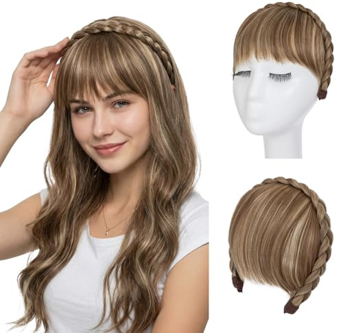 MY-LADY Postiche pour Femme Bandeau avec Frange Bandeau serre-tête Tressé Extensions de Cheveux Synthétiques Frangia Headband Clip in Fringe, 20cm Châtain Moyen/Blond Foncé