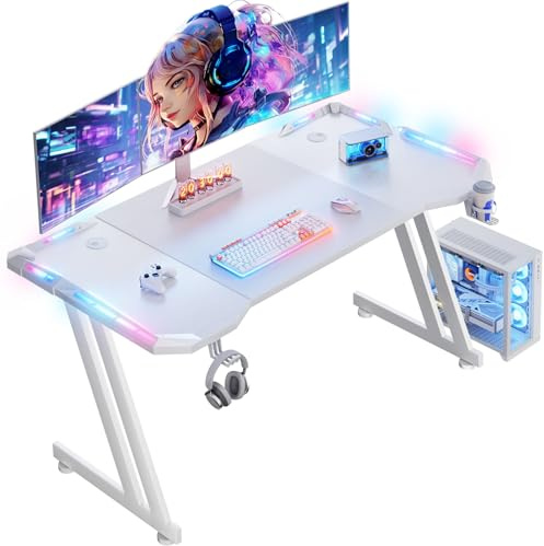 DLONGONE Gaming Desk with LED Lights, 140 x 60 cm Gamer Desk Z Shaped | Computer Table with Headphone Hook and Cup Holder, Ergonomic Design, Ideal for Play Home Office, Easy to Assemble, White
