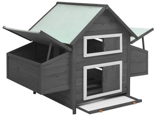 Lockable Chicken Coop Door, Chicken Coop Grey and White 150x96x110 cm, with Pull Out Tray, Wooden with Nest Boxes