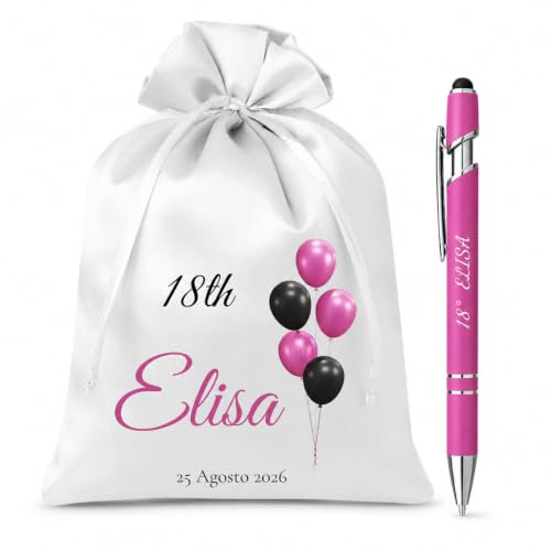 Cormar 12 sacchetti con 12 penne Personalizzate 18 anni (PALLONCINI FUCSIA) | Kit 12 sacchetti e 12 penne personalizzati per 18° compleanno
