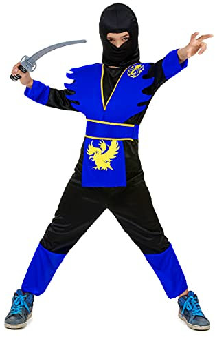 DEGUISE TOI - Déguisement ninja bleu garçon - Pantalon - Tee-shirt avec plastron - Cagoule - M 7-9 ans (120-130 cm) - Bleu - Déguisements enfants - 100% Polyester - Lavable à la main - Carnaval