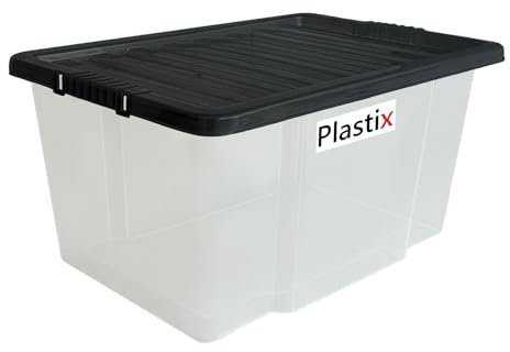 Plastix Clear Plastic Storage Box Boxes With Black Lids Home Office Stackable UK Made (5, 50L)