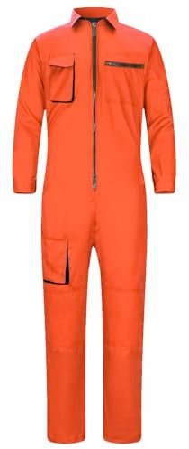 Yukirtiq Men's Work Wear Boilersuit Coverall with Multi Pockets Heavy Duty Polycotton Overall Trousers Mechanics Boiler Suit, Orange, S