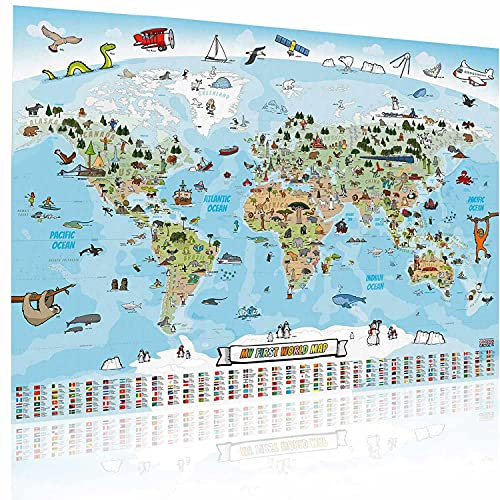 Panorama Weltkarte für Kinder XXL - 140x100cm Kinder-Weltkarte komplett handgezeichnet und koloriert (Englisch)