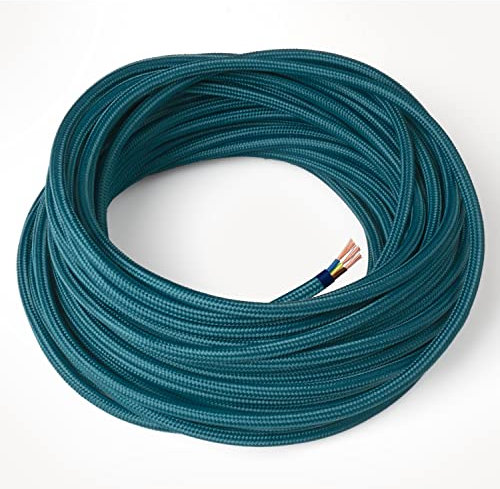 Amarcords - Cavo elettrico tessile colore PETROLIO, tondo, seta, 5 metri, con messa a terra 3x0,75mm - Filo rivestito in tessuto colorato vintage per lampade lampadari applique e abat jour.