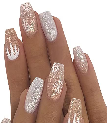 24Pcs Weihnachtsnägel Schneeflocke Ballerina Falscher Nagel Sarg Falsche Fingernägel Acryl Kunst Drücken Sie auf Nagelspitzen für Weihnachts Nagel Dekoration für Frauen und Mädchen