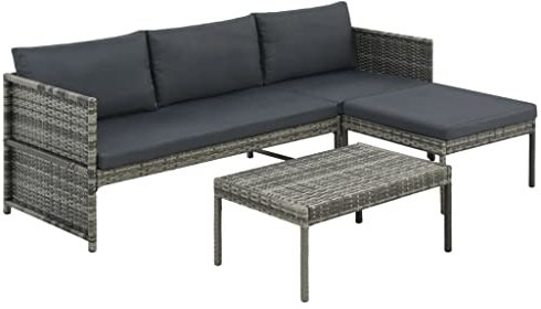 INLIFE 3-TLG. Garten-Lounge-Set mit Auflagen Poly Rattan Grau-4480
