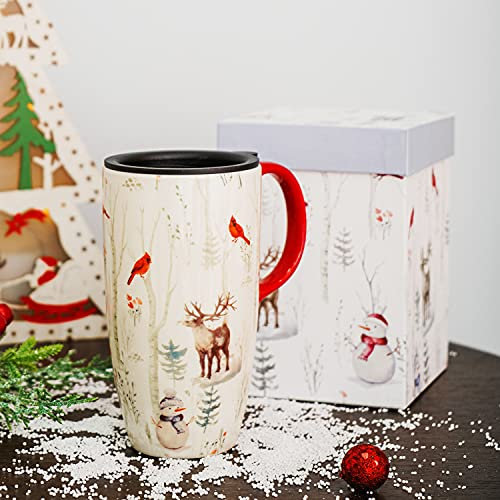 DUSVALLY Christmas Ceramic Mug with Lid - 17oz Large Deer Themed Coffee Cup, Gift Box Included