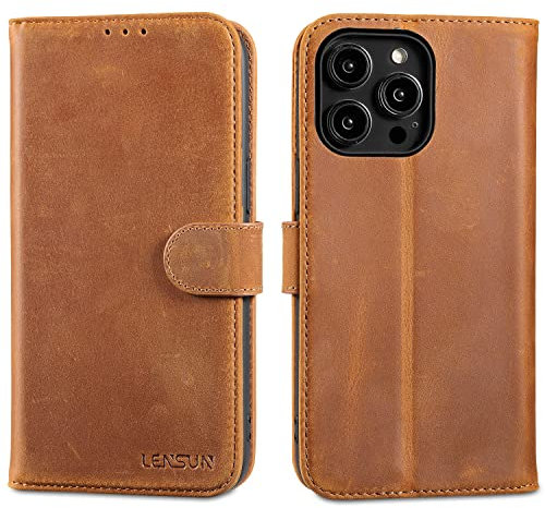 LENSUN Echtleder Hülle für iPhone 14 Pro Max, Handyhülle [Echtes Leder][Magnetverschluss][RFID Schutz] Handytasche Lederhülle für iPhone 14 Pro Max 5G - Vintage Braun