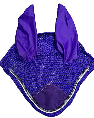 Spire Bonnets de protection anti-mouches en coton doux tricoté respirant pour cheval, capuche pour les oreilles (Poulain, Violet/Gris-Blanc)