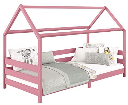 IDIMEX Hausbett FINA aus massiver Kiefer, Montessori Bett 90x200cm, Kinderbett mit Dach in rosa