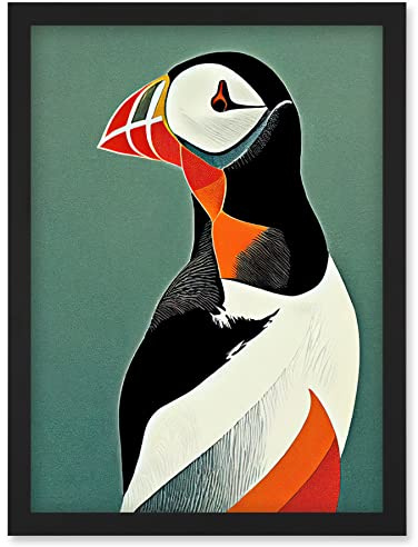 Wee Blue Coo Bright Bold Colourful Atlantic Puffin Bird Portrait Artwork Framed Wall Art Print A4
