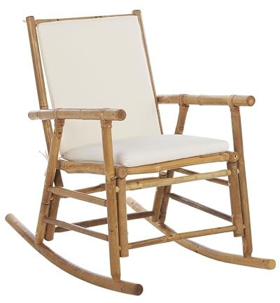 Garten Schaukelstuhl Bambus Hellbraun mit Armlehnen Auflage weiß Boho Frigole