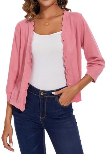 MINTLIMIT Dünne Strickjacke Damen Casual Cardigan V-Ausschnitt Sweater 3/4 Ärmel Frühling (Hellrosa M)