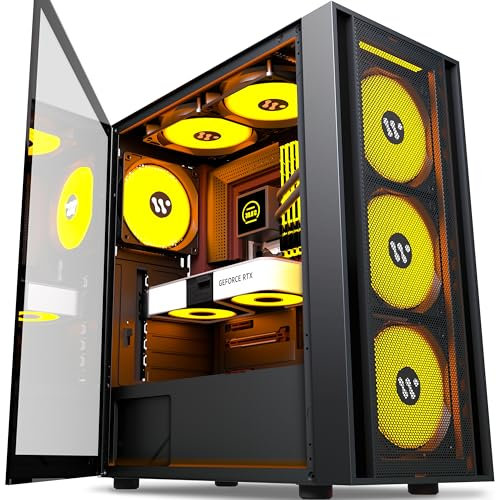 AMANSON PC Case- Pre-Install 6 PWM Fans,ATX Mid Tower Gaming Case,Mesh Computer Case with Opening Tempered Glass Side Panel, H05,Black