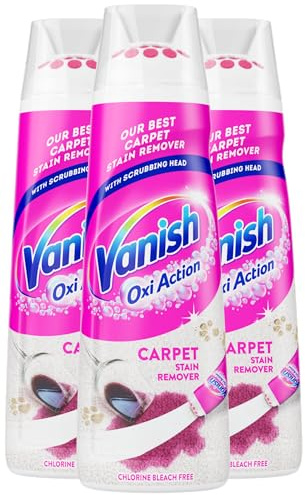 Vanish New Oxi Action Carpet Stain Remover, 195ml, Gold Carpet Serum with Scrubbing Head, Chlorine Bleach Free Formula, Safe to Use on Carpets & Upholstery, Pack of 3, 3 x 195ml
