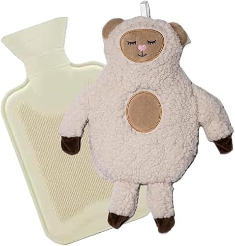 Marco Paul Luxury Sheep Hot Water Bottle with Cover 1L Hot Water Bottle for Kids Super Soft Novelty Plush Cover Soft Fluffy Teddy Gift for Kids (Sheep)