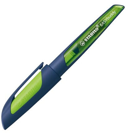 STABILO Ergonomic School Fountain Pen EASYbuddy Twilight Sky - M-Nib (Medium) - Pack of 1 - Steel Blue/Lime with Erasable Blue Ink (Inc. Cartridge)