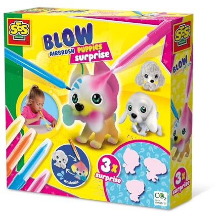 SES Creative 14333 Blow Airbrush Pens-Welpen Surprise 3X, Diverse Farben