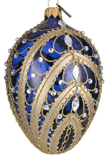 Großes, mundgeblasenes Osterei-Ornament aus Glas, dunkelblau