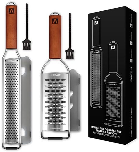 REDSALT® premium râpe à zesteur & double trachant | INOX 100% inoxidable | avec manche en bois | râpe de cuisine pour citron, gingembre, légumes, fromage, parmesan