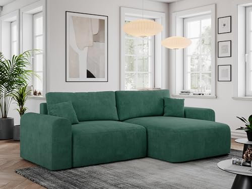 MKS MEBLE Sofa L-Form, Ecksofa mit Schlaffunktion, Wohnlandschaft L-Form mit Kissen, Couch L-Form - Nelson - Grün Struktur