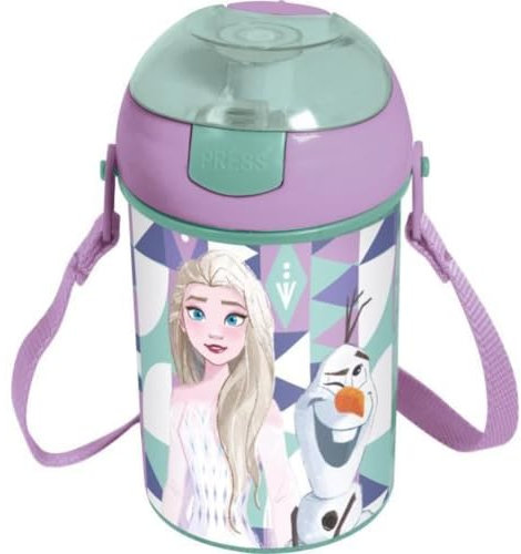 Gourde avec ouverture pop-up, bouteille en plastique réutilisable avec bandoulière, sans BPA, capacité 450 ml (Frozen)
