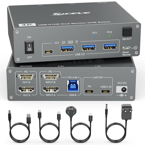 KVM Switch 2 PC 2 Monitores USB C HDMI Dual Monitor USB 3.0 USB Tipo C Conmutador KVM soporta 4K @ 60Hz para 2 ordenadores que comparten teclado, ratón y monitor
