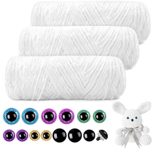 Mngevcy 3 x 150 m Chenille Wolle zum Häkeln, Flauschige Plüschwolle mit 14 Sicherheitsaugen für Häkeltiere, Decken, Schals, Puppen (Weiß)